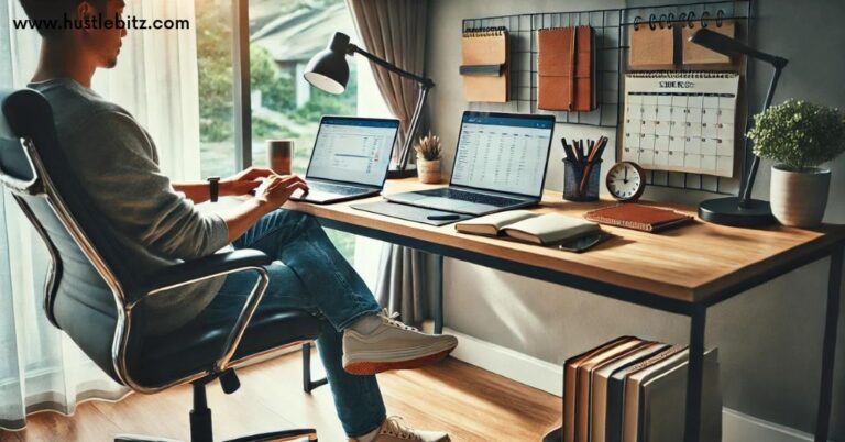 A man sit inside the room and a table with gadgets and clock