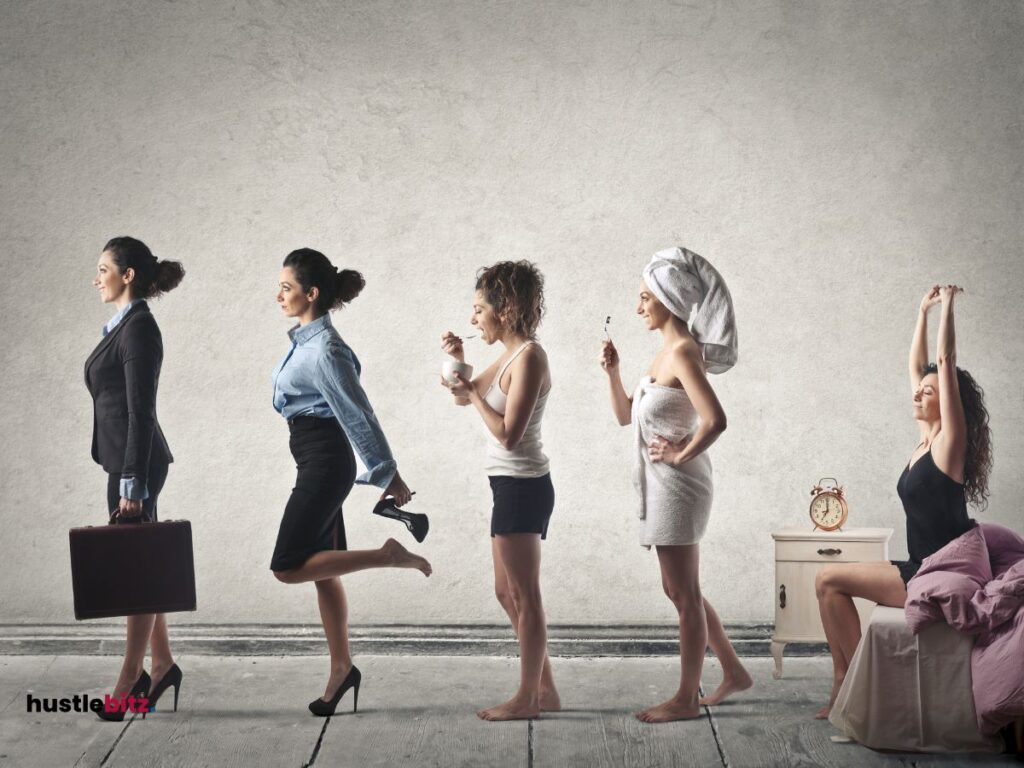 A woman doing her morning routine and a clock 