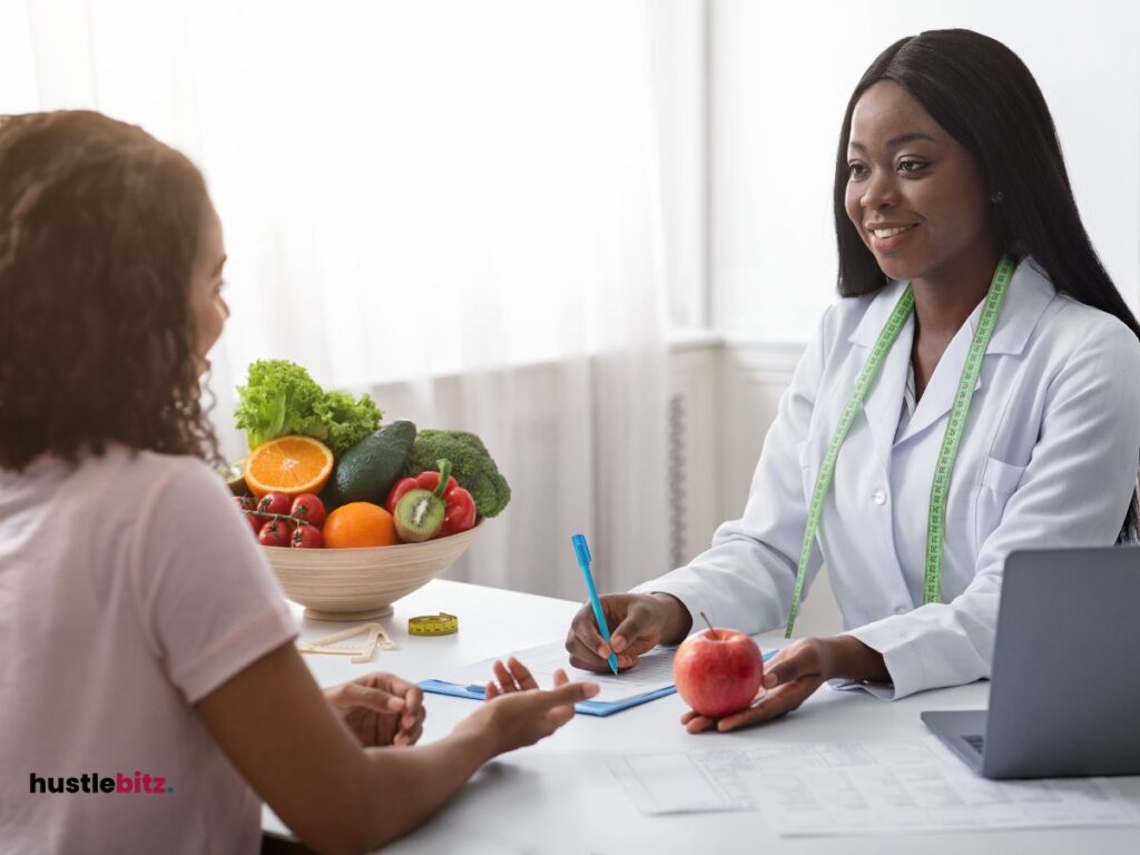 A doctor and a client talking to each other about healthy tips