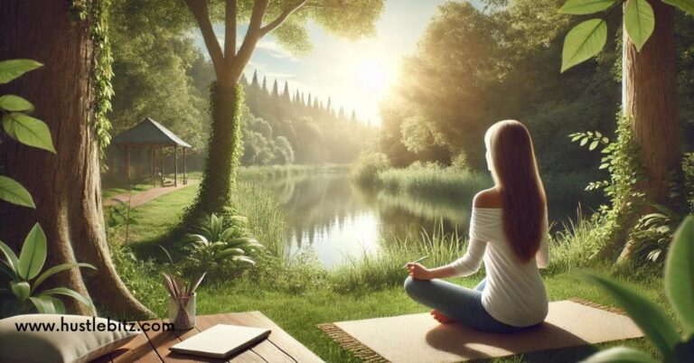 Woman meditating by a serene lake, surrounded by trees, with sunlight shining through the forest.