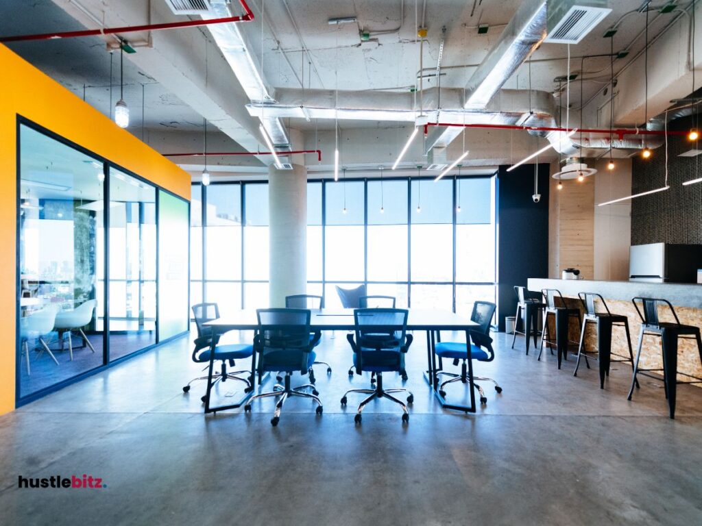 A workplace with chair and tables