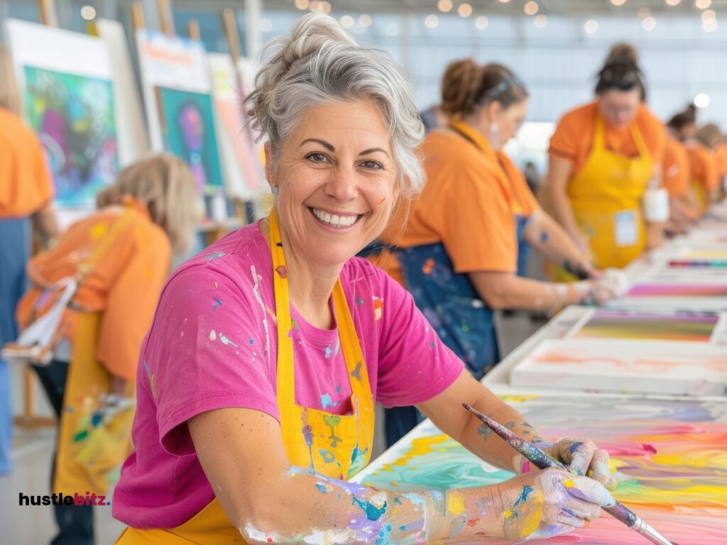 A woman smiles at the camera while holding paint brush