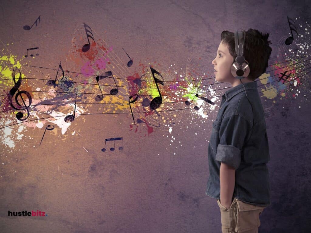 A young kid wearing headset listening to music and a art of different note