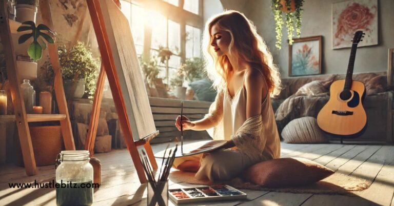 A picture of a woman smiles while doing painting