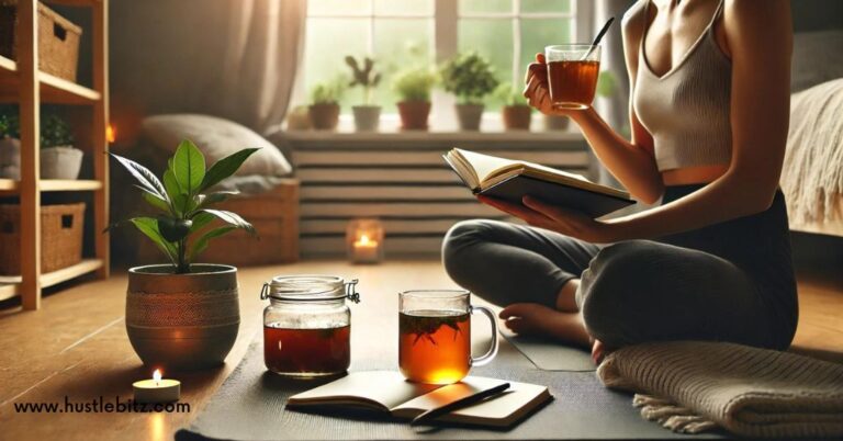 A woman holding a cup of tea and a books