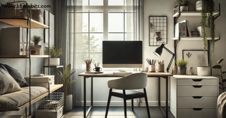 an office picture with table, laptop and windows with curtains