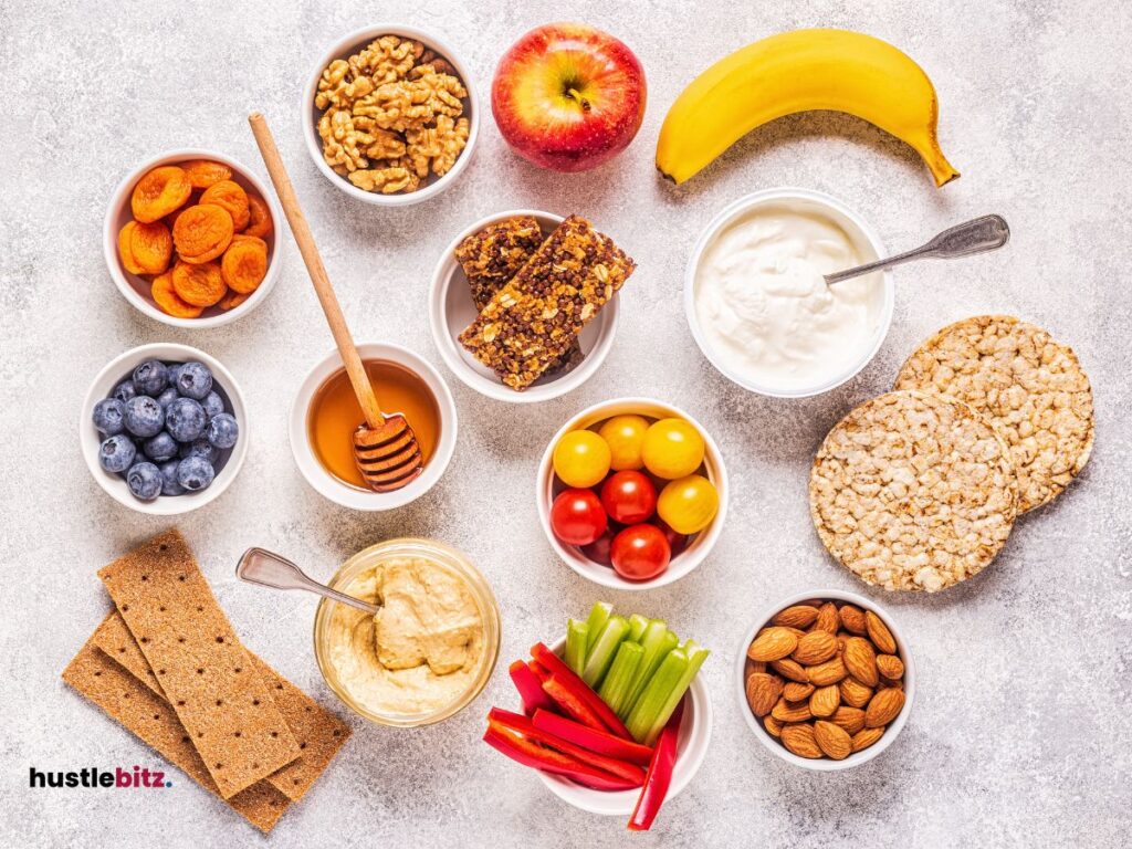 a picture of different types of healthy snacks  in the table