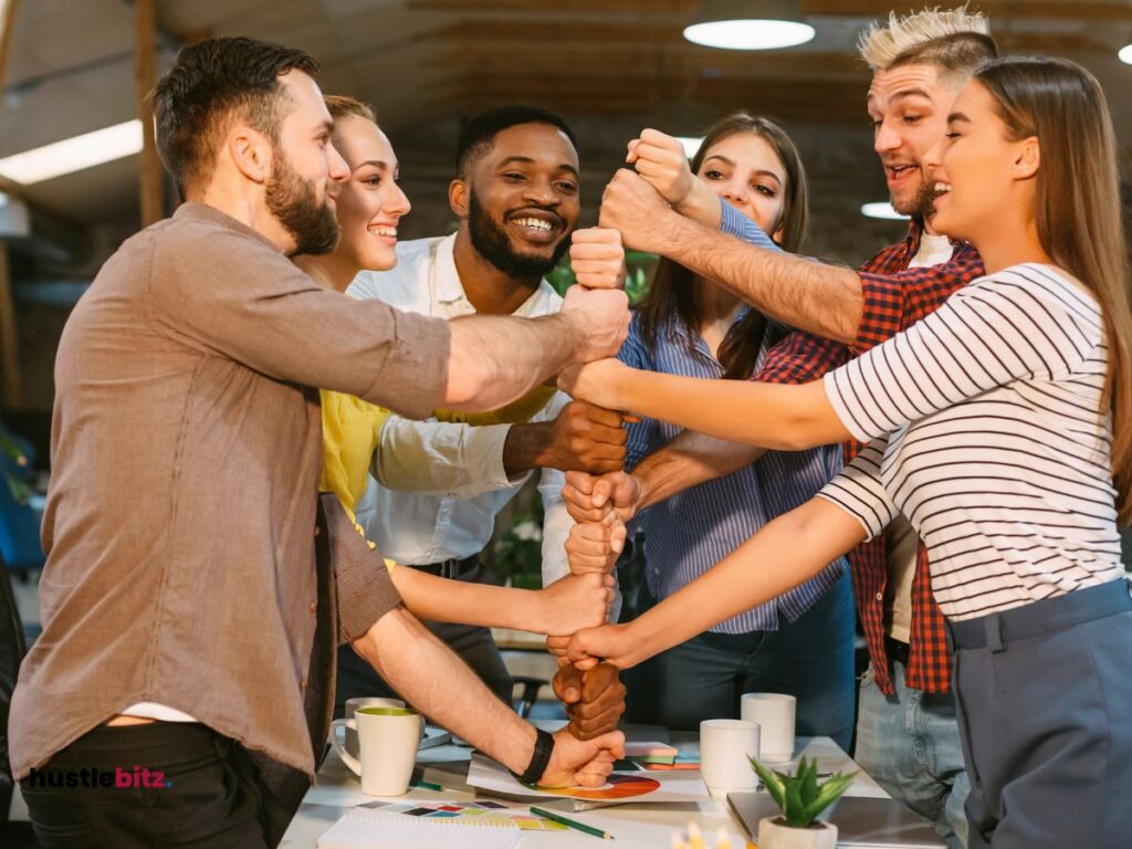 A group of people standing and doing activities