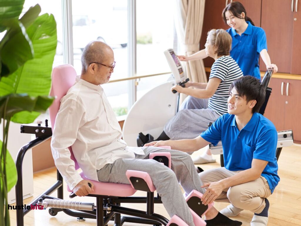 An old woman and old man doing exercise and the other man, woman guide them