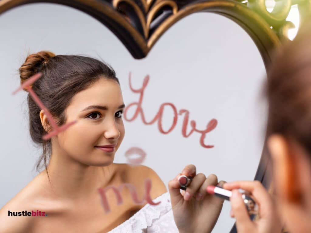 A picture of a woman in front of the mirror.