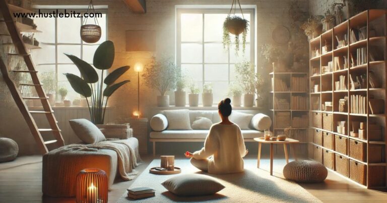 A cozy room with a person meditating, surrounded by plants, bookshelves, and soft, warm lighting.