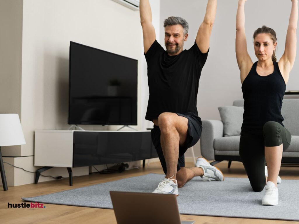 A man and woman doing exercise inside the house