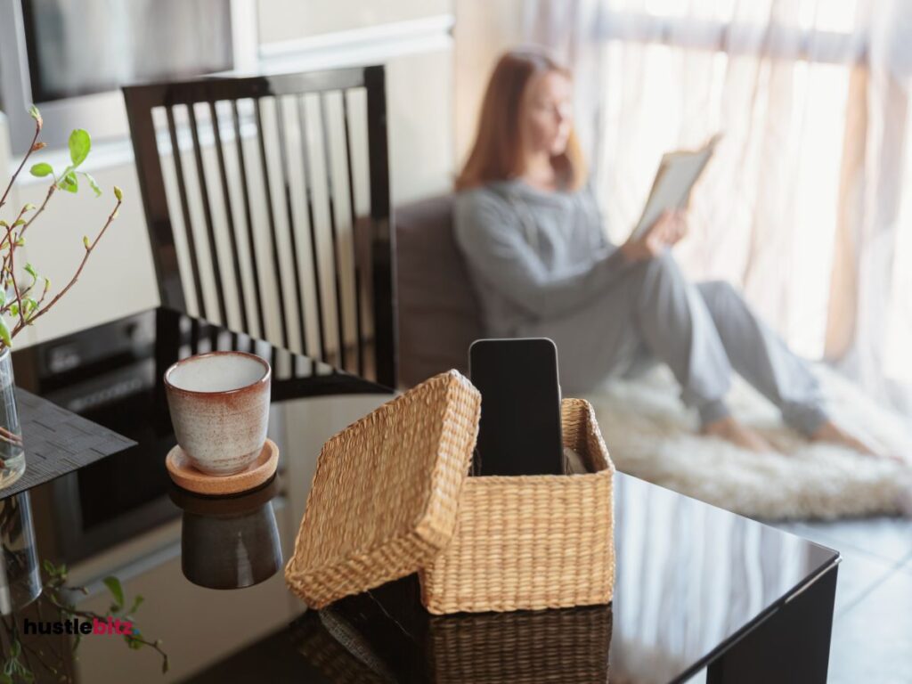 A gadgets in the box and a woman background 