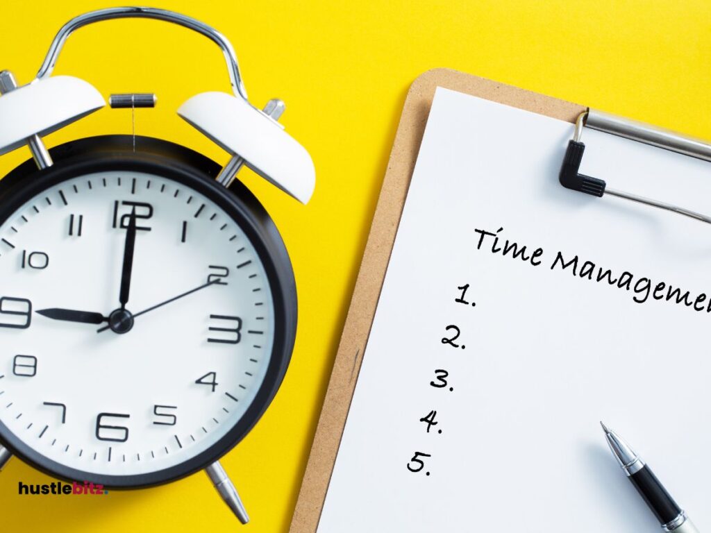 A picture of a clock and a paper with word time management