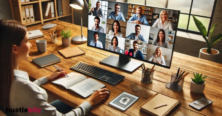 A woman looking at the monitor with other men and women inside the monitor