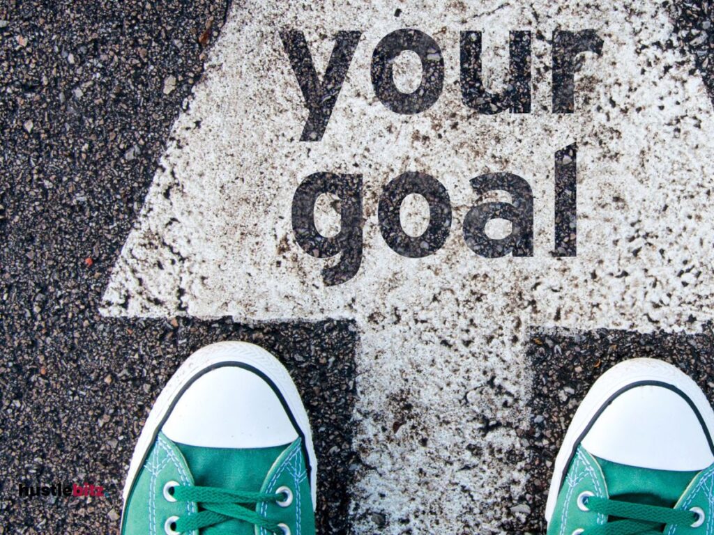 One pair of shoes with a white arrow and a word "your goals"