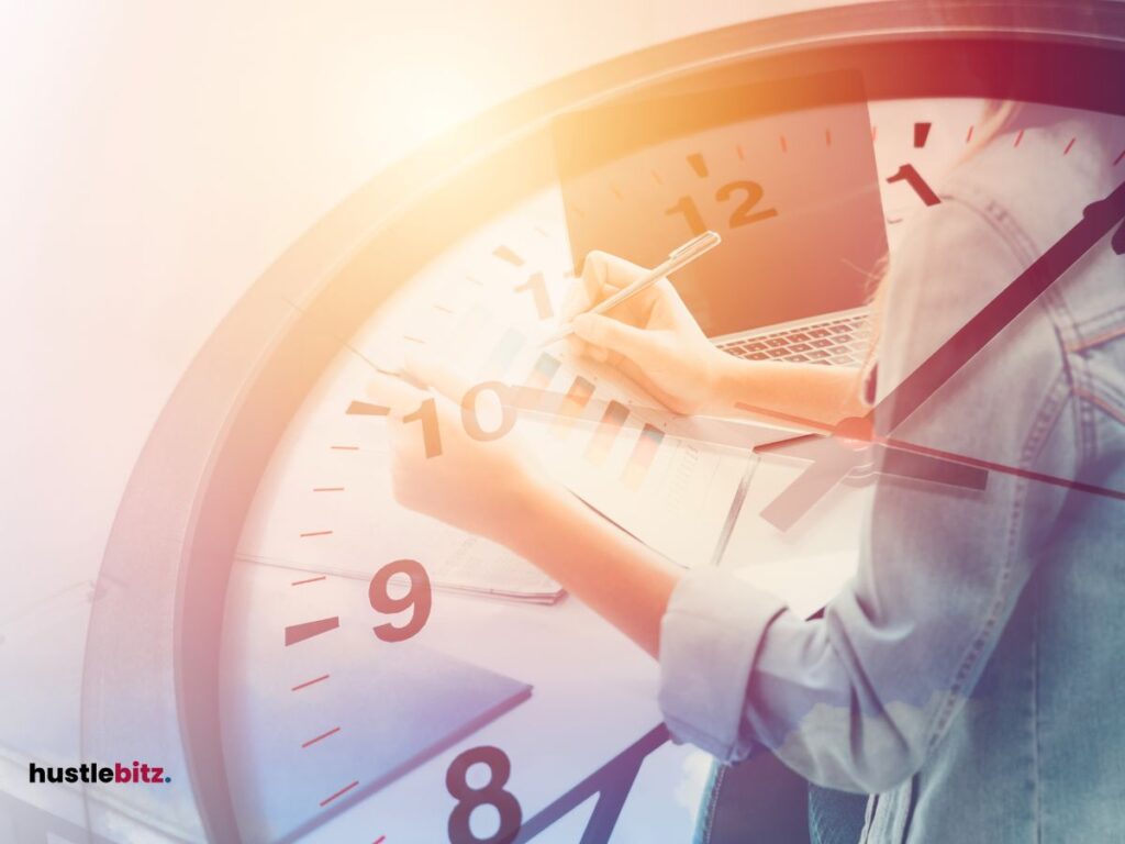 a picture of a clock and a woman doing working