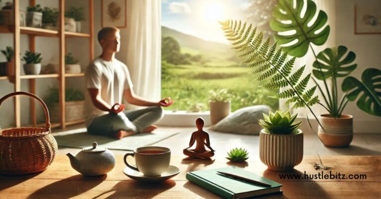 A man doing meditation inside the house and a cup of tea and statue