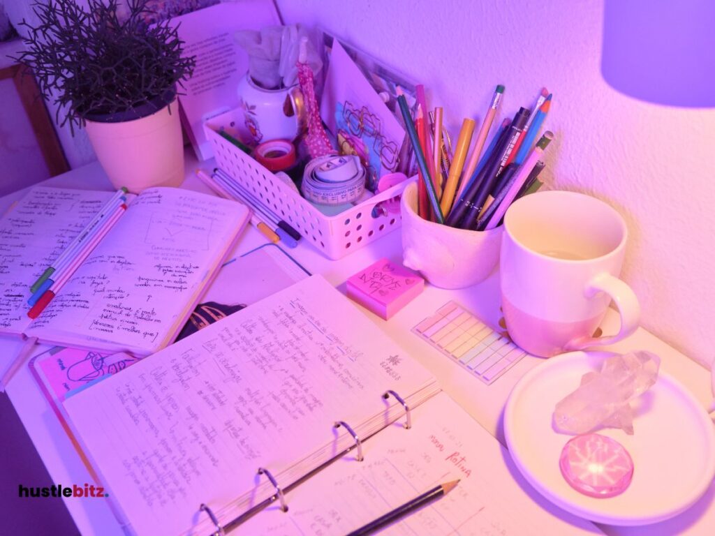 A table with notebook and other things