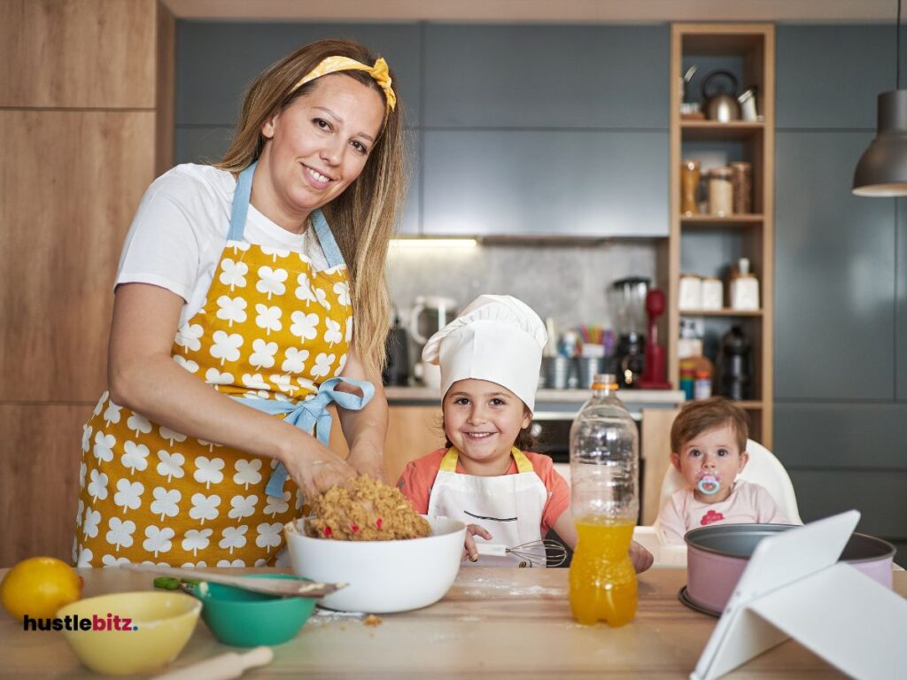 A mother and her two children preparing for ingredients for cooking