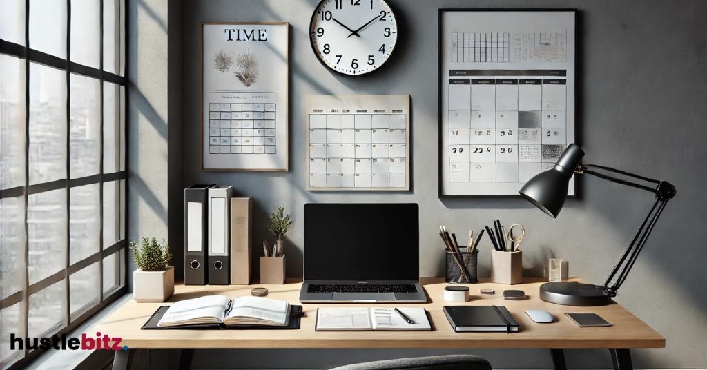 an office with table, lamp , laptop and a calendar