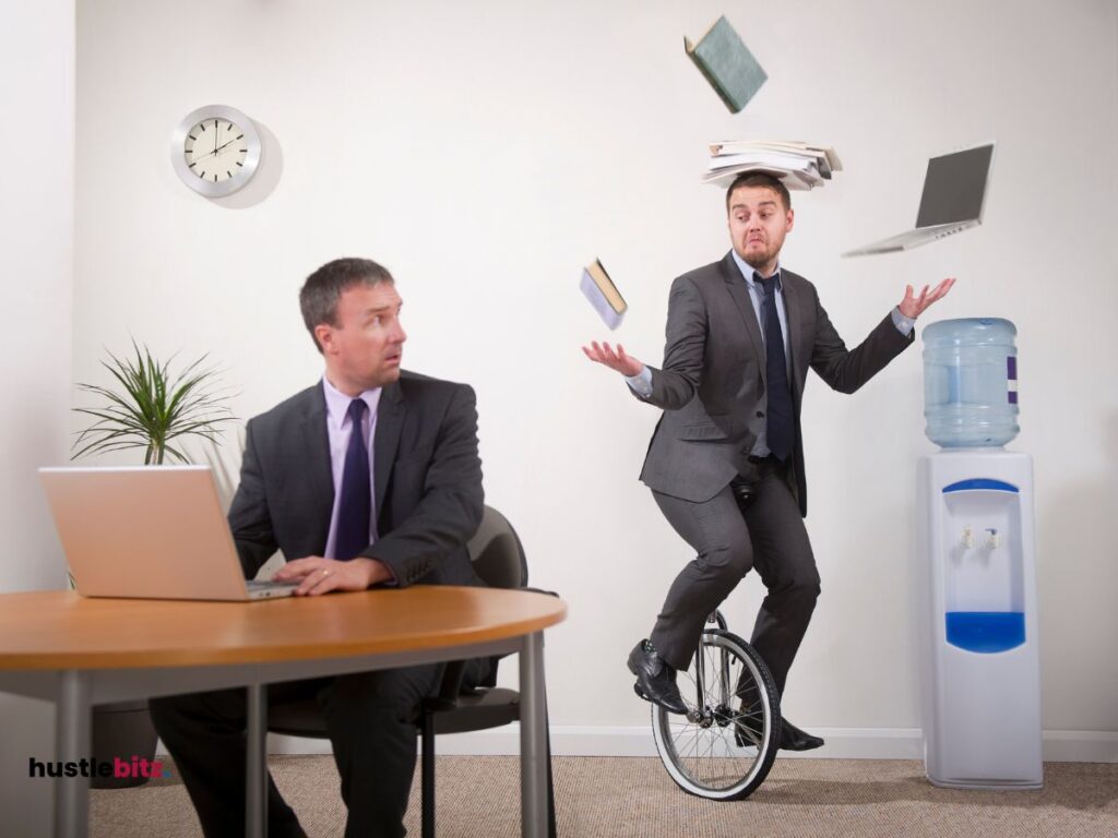 A man looking at the back saw his self playing circus and holding laptop