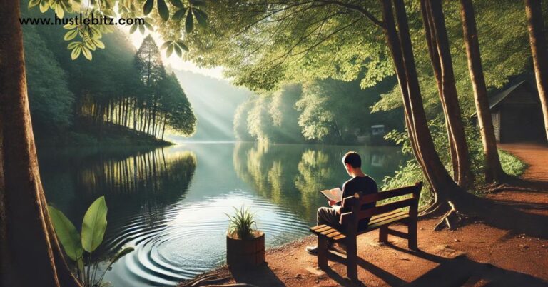 A man sitting on the long chair in front of the lake