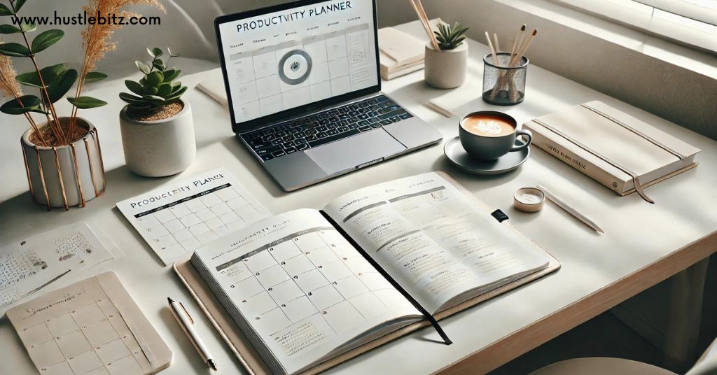 a table with laptop and a calendar planner