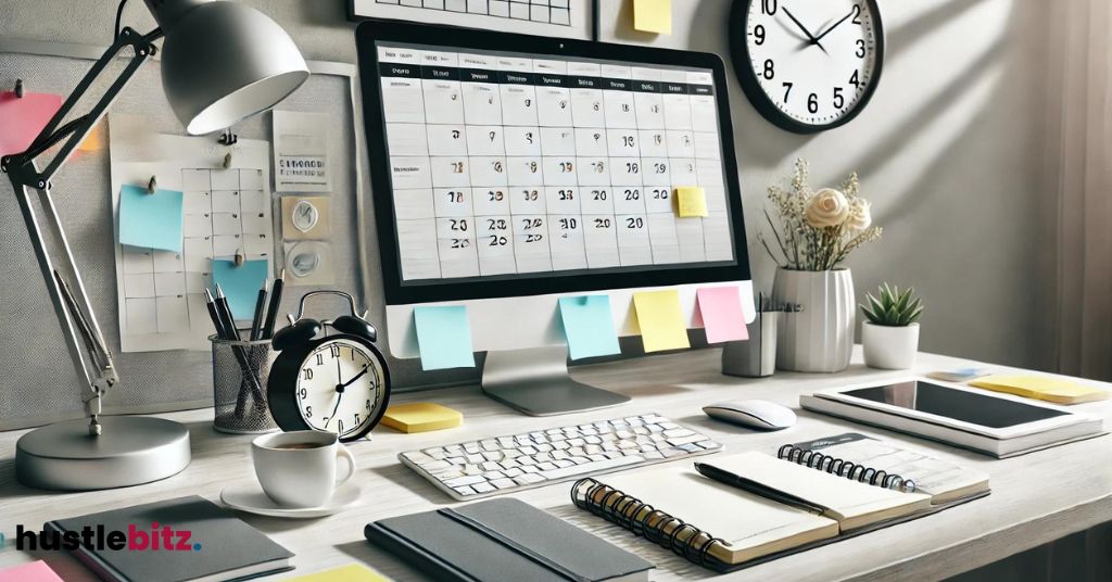 table with monitor, lamp, books and a clock