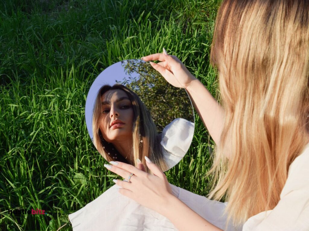 A woman looking at the mirror