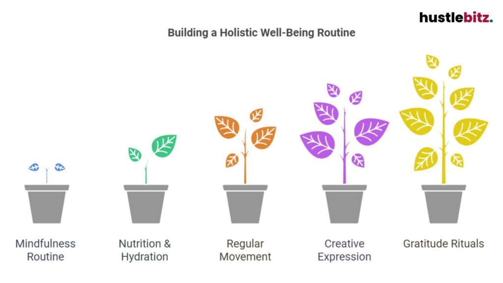 A visual representation using a growing plants about building a holistic well being routine.