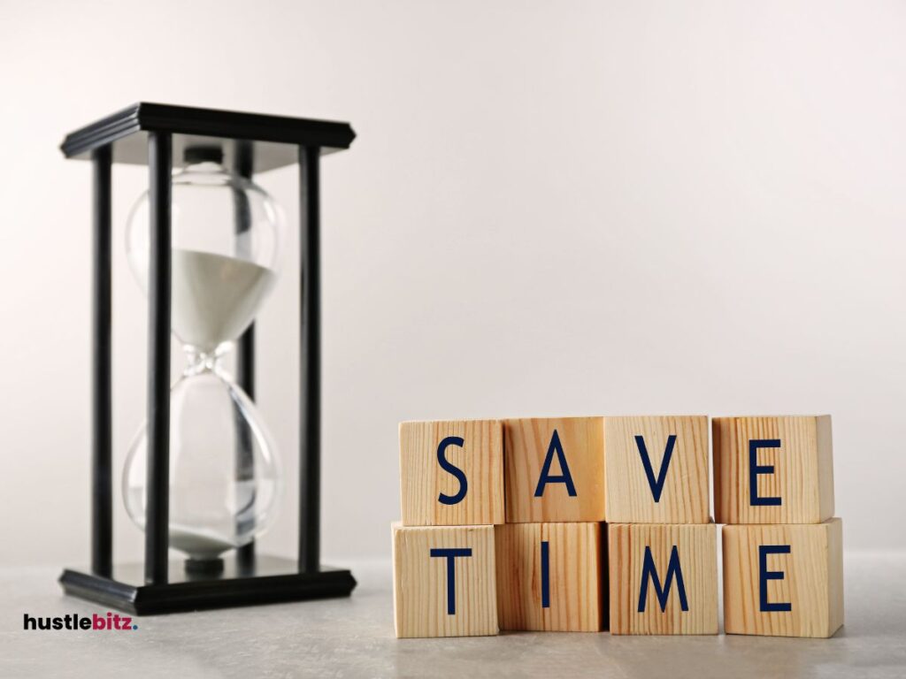 A picture of hourglass and a word " save time"