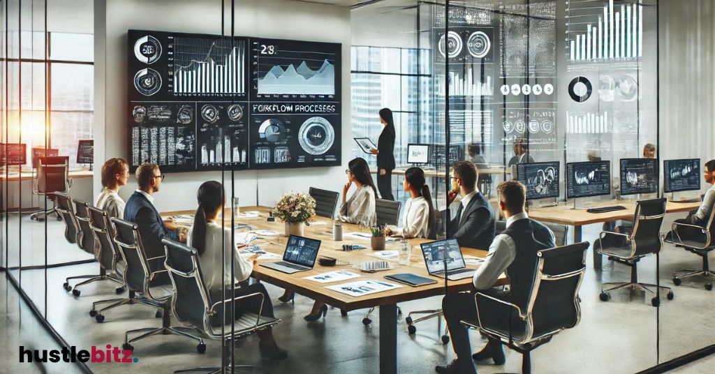 A team discusses data on screens in a modern glass conference room.