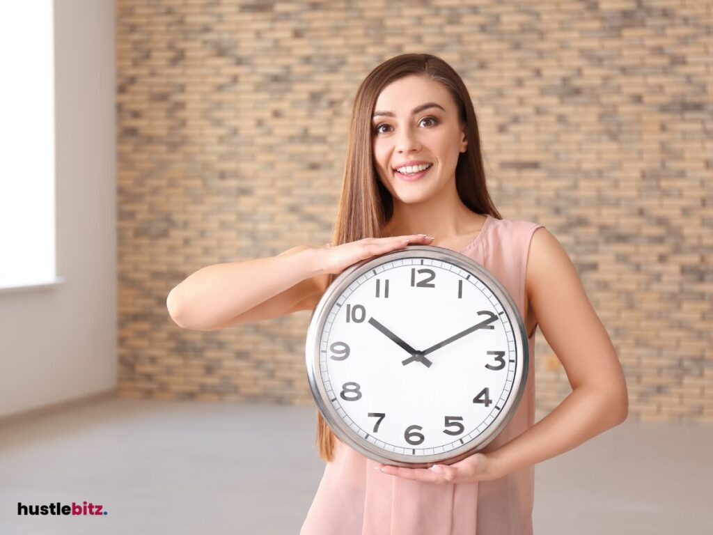 A woman holding a clock