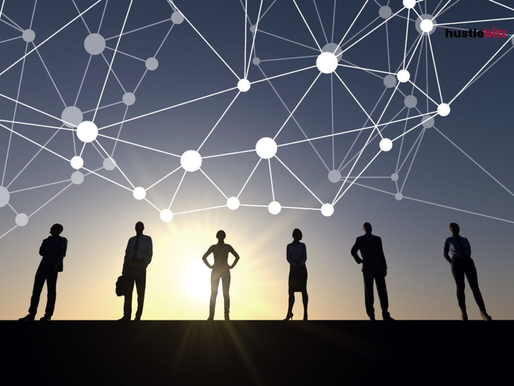 group of people standing and icons of connections