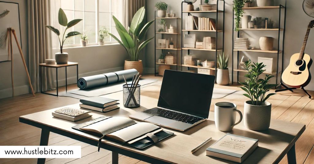 A table inside the room with guitar, laptop, coffee, notebook, books and other things