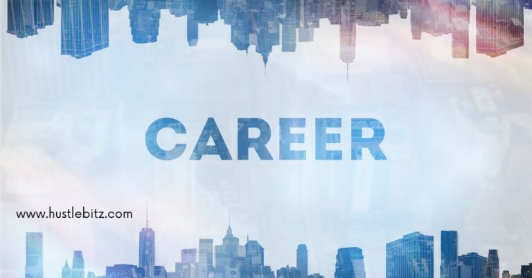 A city skyline mirrored at the top and bottom,with the word "CAREER" at the middle.