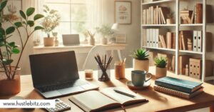 a room with table, laptop, books, coffee and other things inside the room