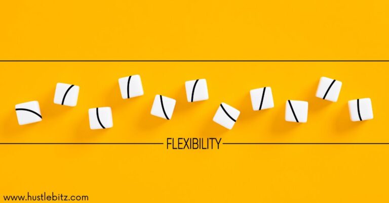 Pieces of cubes with random lines scattered against yellow background and a text "Flexibility"