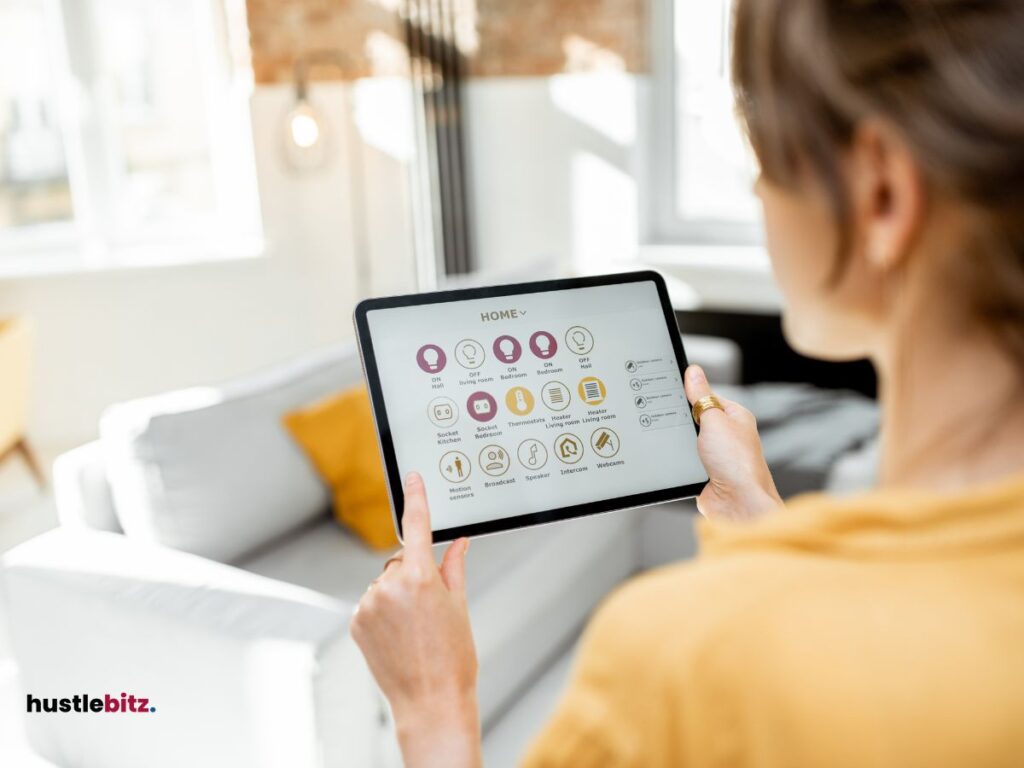 A woman holding a tablet with different software application