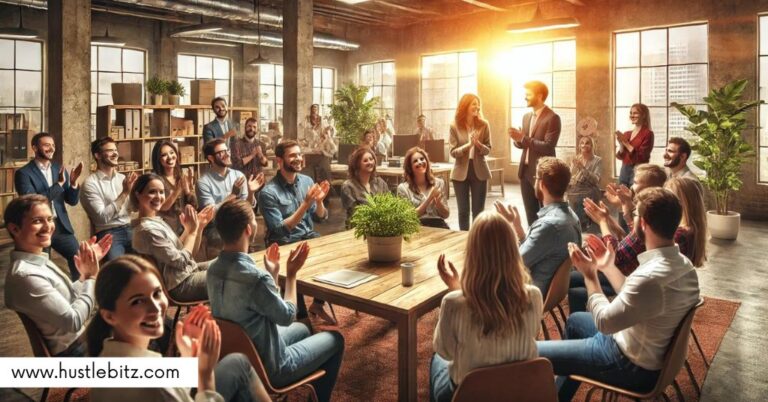 A large group of people claps and celebrates in a modern office setting.