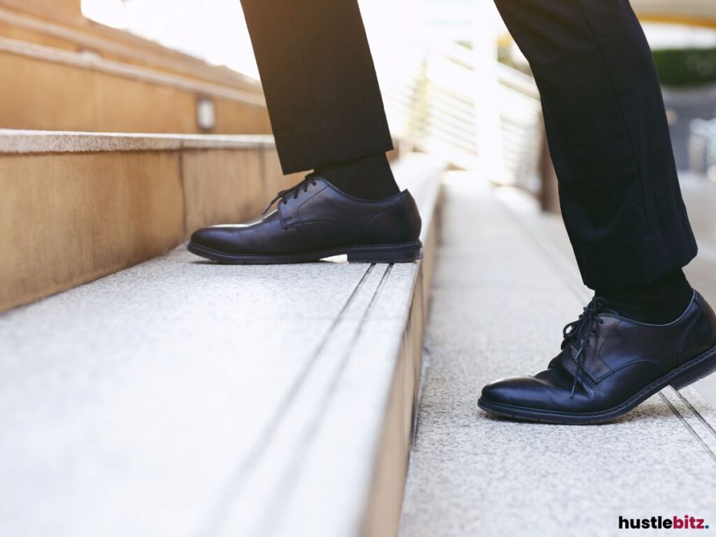 A picture of a feet stepping on the stairs.