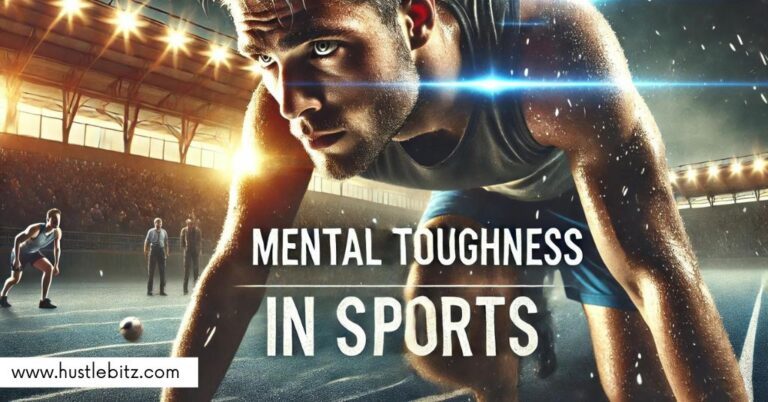 A focused athlete at the starting line in a stadium, with the text "Mental Toughness in Sports"