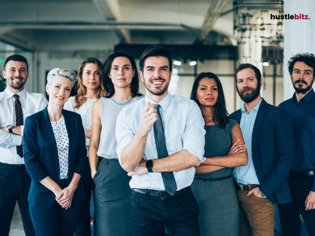 A confident and diverse group of professionals standing together.