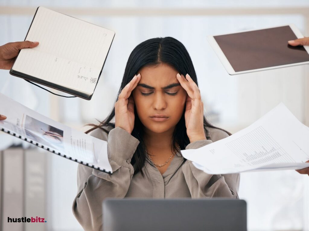 Stressed woman with multiple documents and tasks being handed to her.