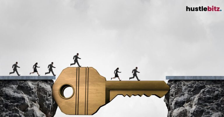 People crossing a gap on a large key-shaped bridge.