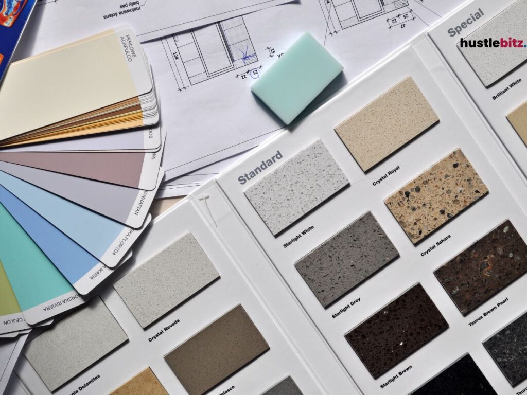 Color swatches and material samples laid out with architectural plans.