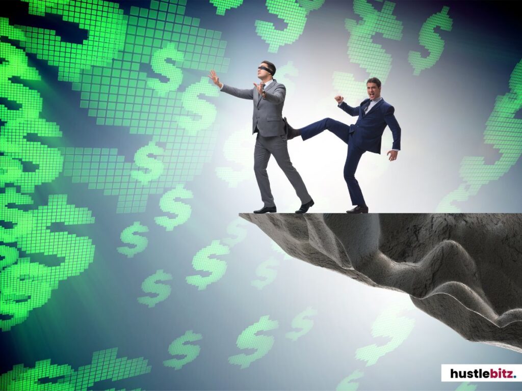 A man kicking another man off a cliff, with floating dollar signs in the background.
