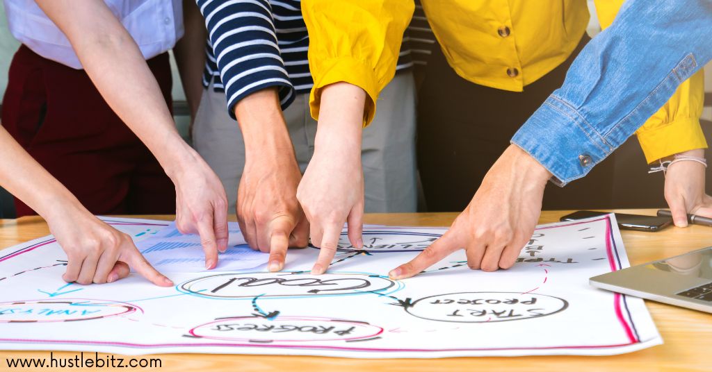 A group of people standing around a table, pointing at a diagram or roadmap.