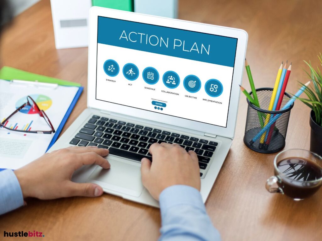 Person working on a laptop displaying an action plan with various strategic icons.